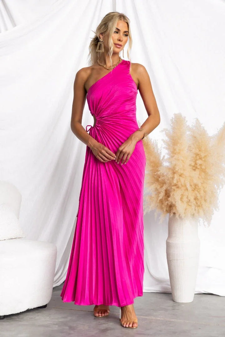 Women's blue one-shoulder cut-out maxi dress, a sophisticated cocktail party gown with a flattering tie waist.