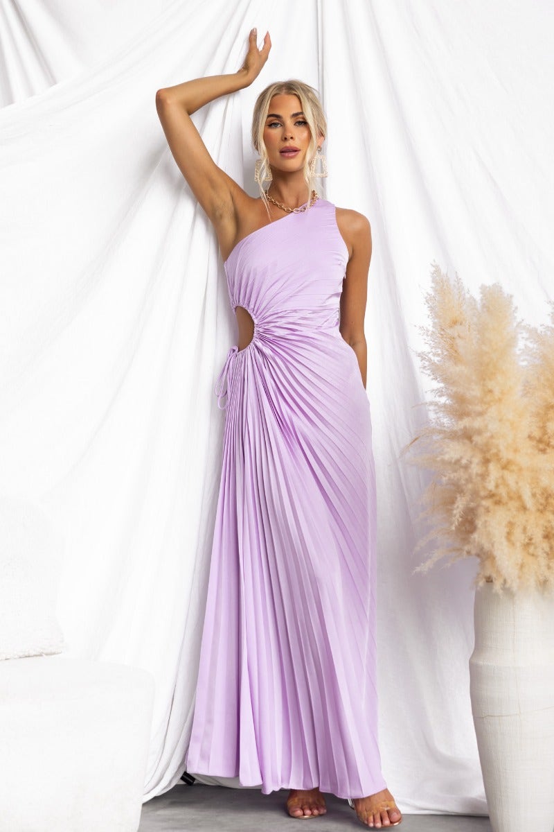 Elegant purple one-shoulder cut-out maxi dress for women, perfect for evening parties, with a chic tie waist.