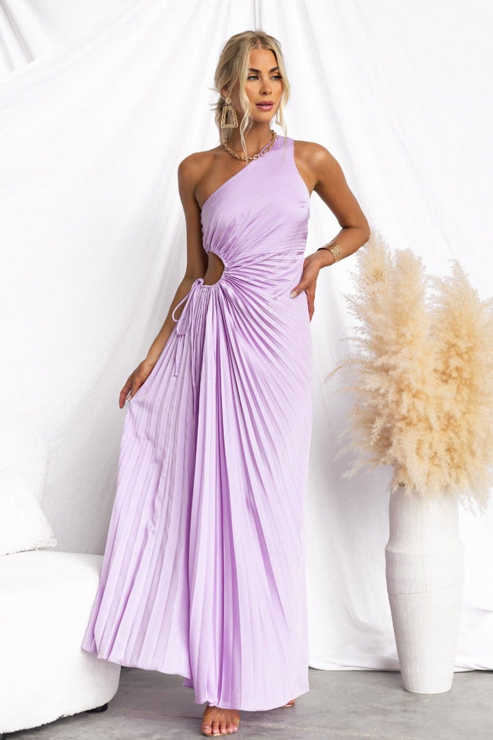 Women's stylish purple one-shoulder maxi dress with a modern cut-out design and flattering tie waist.