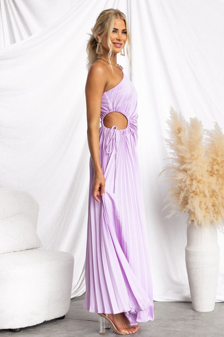 Purple elegant one-shoulder evening dress for women, a long maxi style with a trendy cut-out detail.