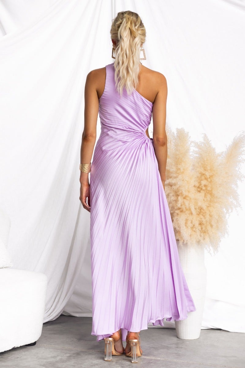 Green one-shoulder cocktail party maxi dress for women, featuring a chic cut-out and elegant tie waist.