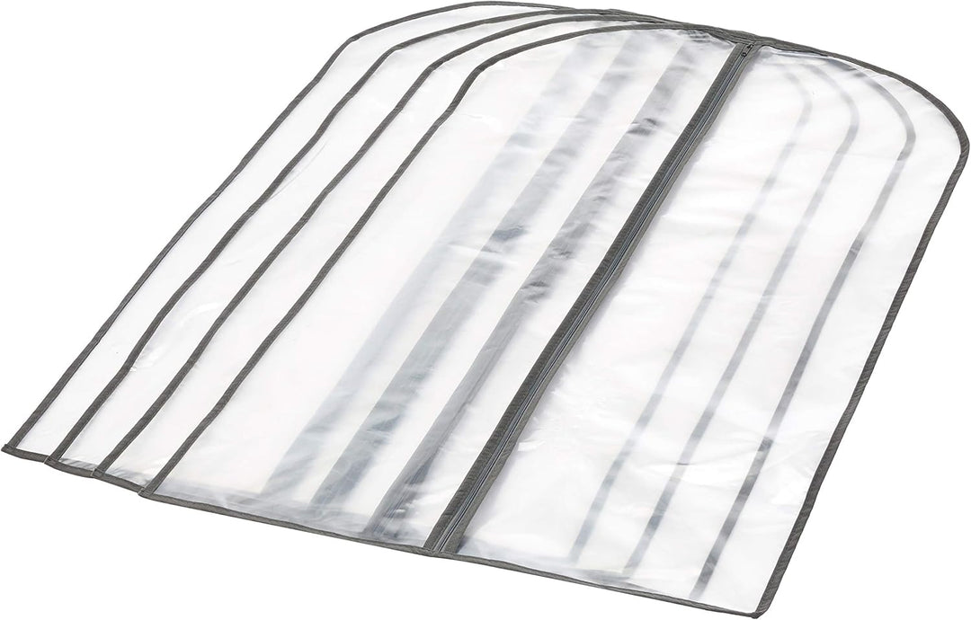Clear PEVA wardrobe protector bags with full zippers, keeping clothes clean & organized for storage or travel.