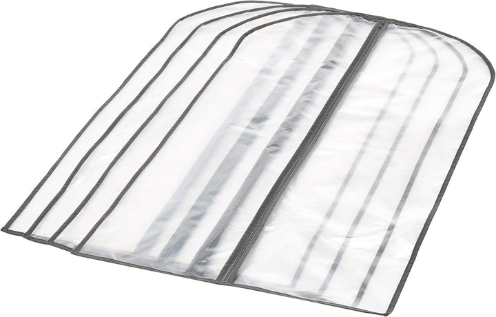 Clear PEVA wardrobe protector bags with full zippers, keeping clothes clean & organized for storage or travel.