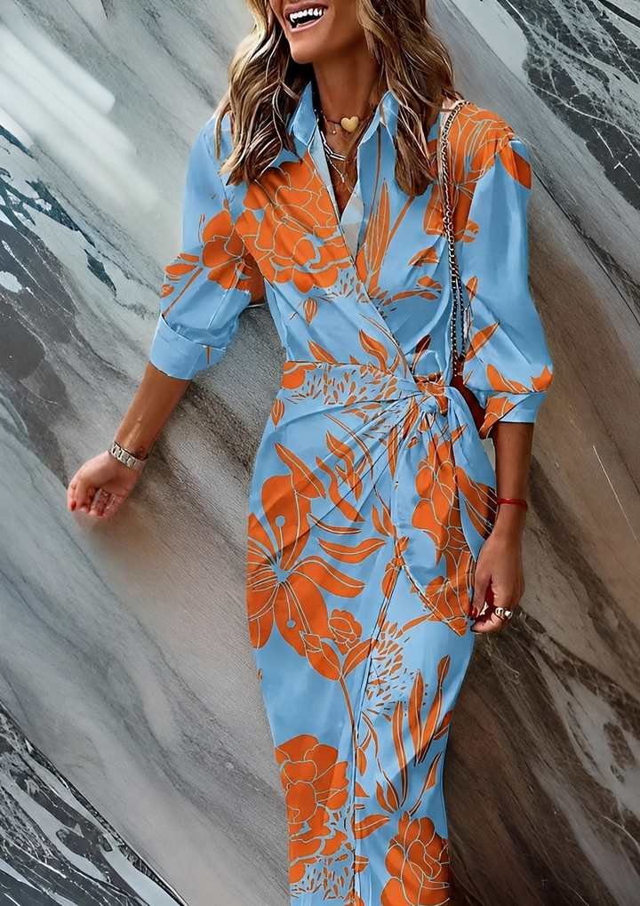 Figure-flattering women's striped midi wrap dress, designed for elegance and comfort.