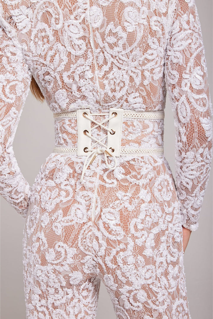 Chic women's elegant lace jumpsuit. Long sleeve, wide leg eveningwear for formal events & special occasions.