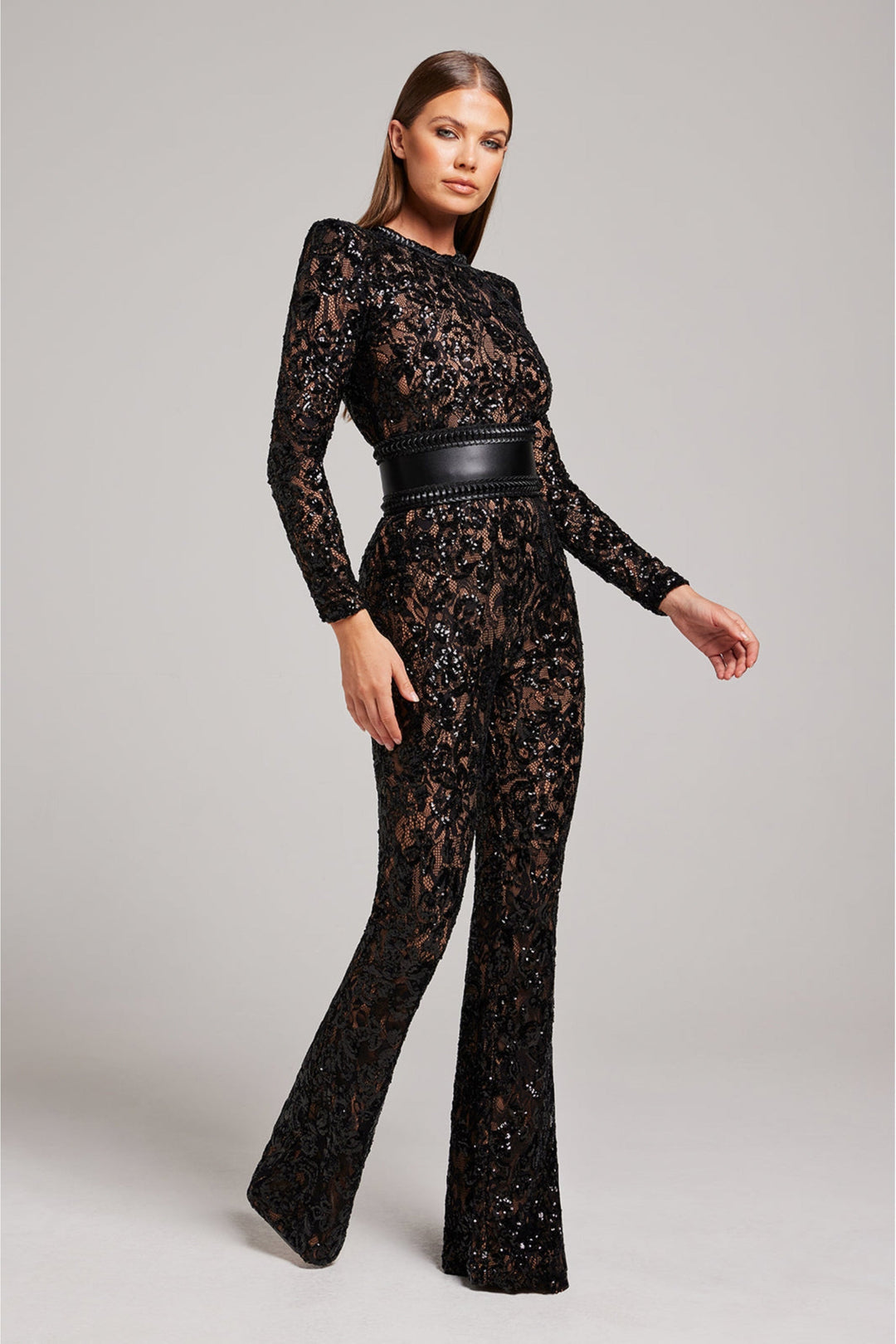 Women's Amarae elegant lace jumpsuit. Chic long sleeve wide leg design perfect for eveningwear & special occasions.
