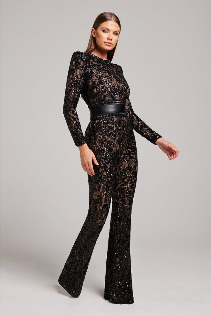 Women's Amarae elegant lace jumpsuit. Chic long sleeve wide leg design perfect for eveningwear & special occasions.
