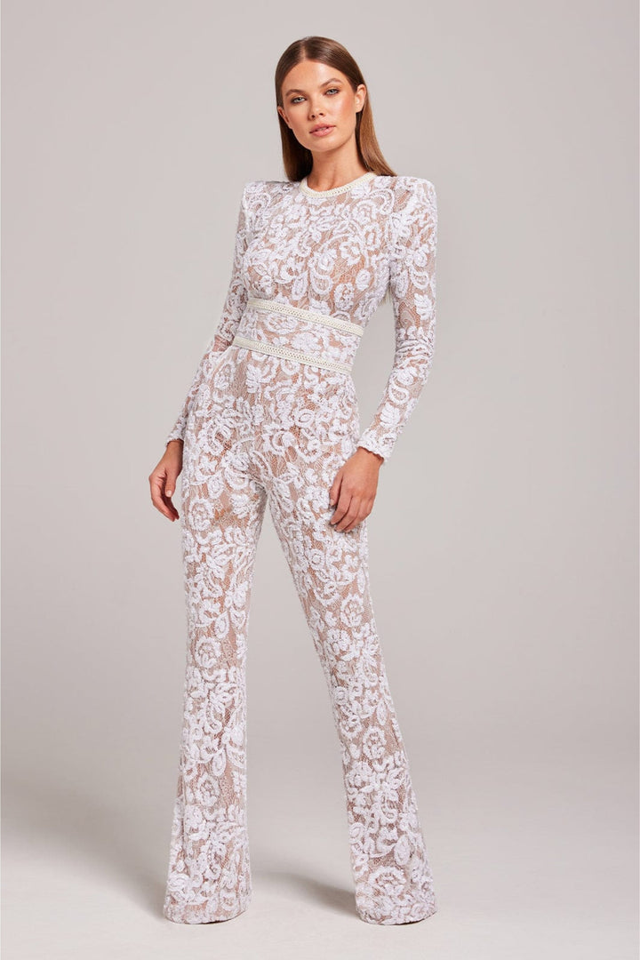 Amarae elegant women's lace jumpsuit. Flattering wide leg, long sleeve design perfect for chic eveningwear.