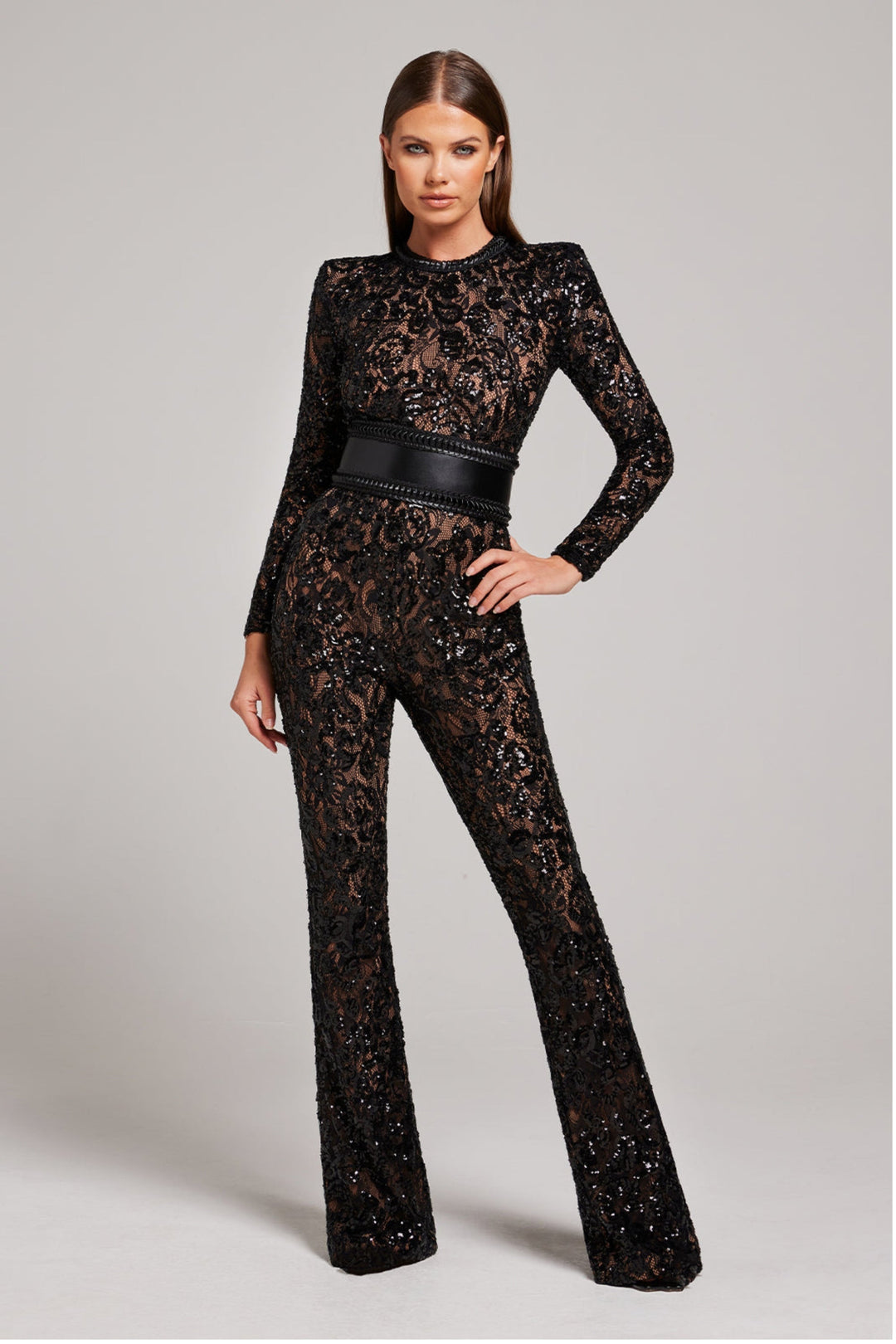 Sophisticated women's lace jumpsuit. Ideal party wear, formal eveningwear, with elegant long sleeves & wide leg.