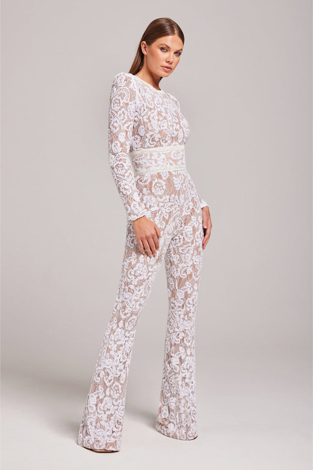 Modern women's chic lace jumpsuit. Versatile long sleeve, wide leg style suitable for special occasions & formal events.