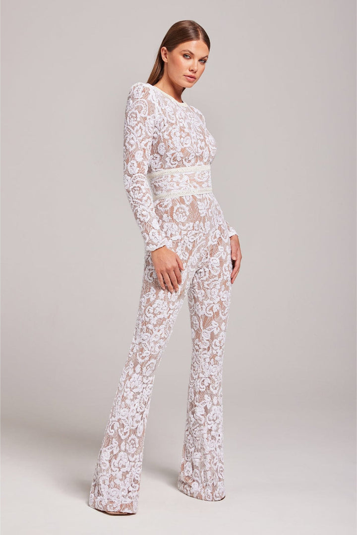 Modern women's chic lace jumpsuit. Versatile long sleeve, wide leg style suitable for special occasions & formal events.