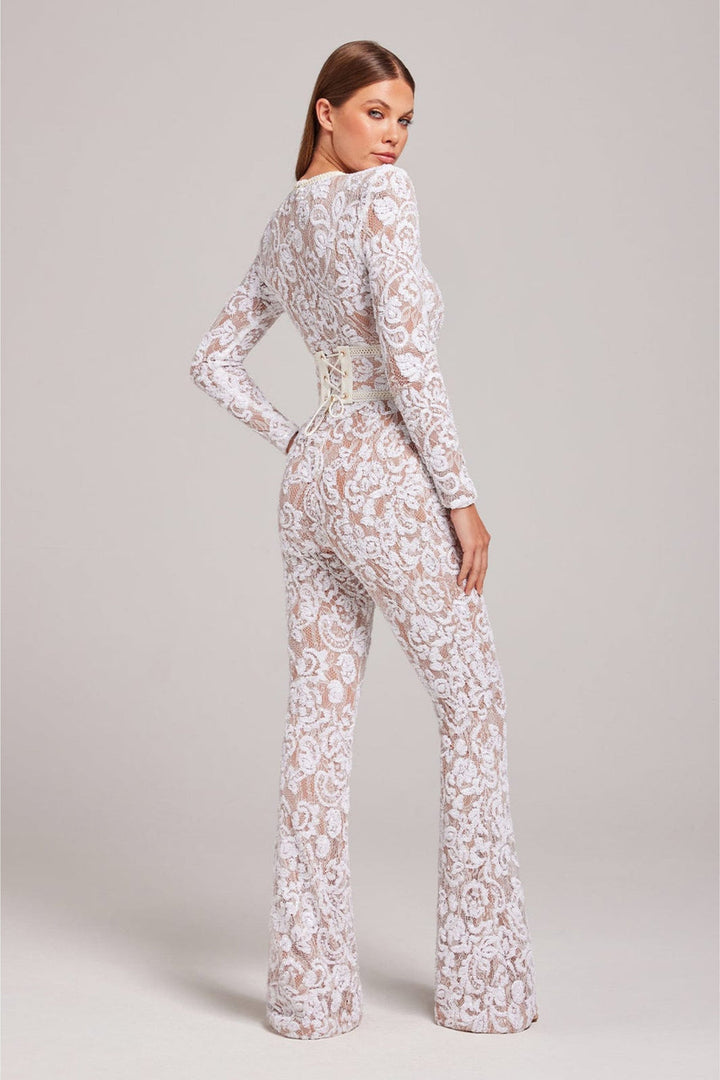 Elegant & chic women's lace jumpsuit. Sophisticated long sleeve, wide leg design for comfortable eveningwear.