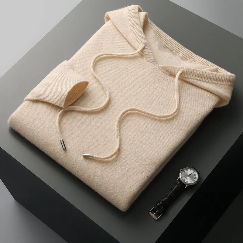 Comfortable men's long sleeve knit hoodie sweater, soft pullover for relaxed everyday casual wear.
