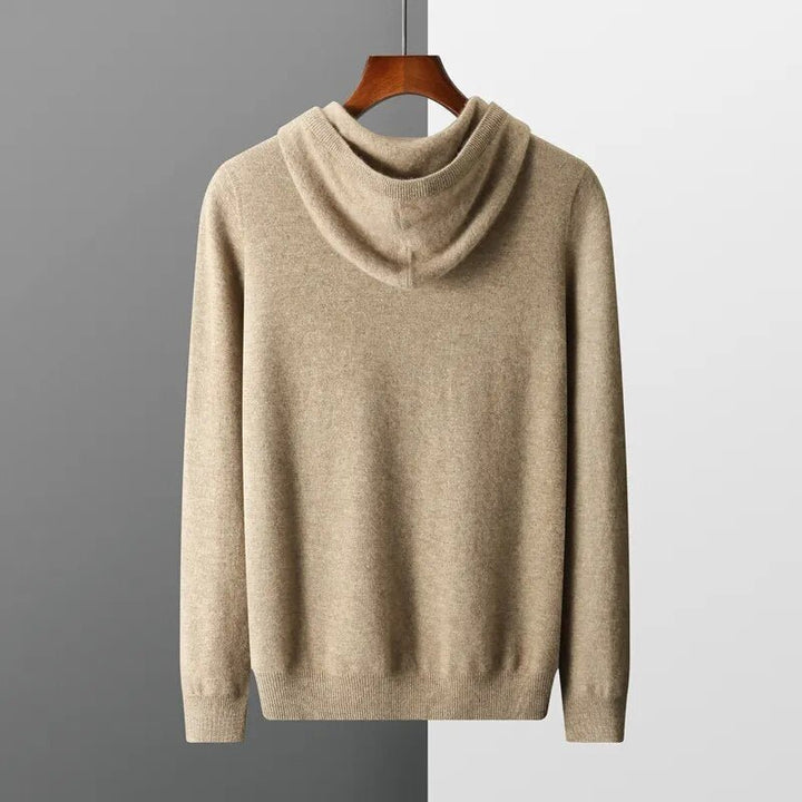Relaxed fit men's knit hoodie with adjustable drawstring, ideal pullover for casual everyday comfort.