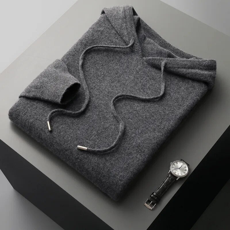 Men's relaxed fit knit hoodie sweater, a comfortable long sleeve pullover for stylish everyday wear.