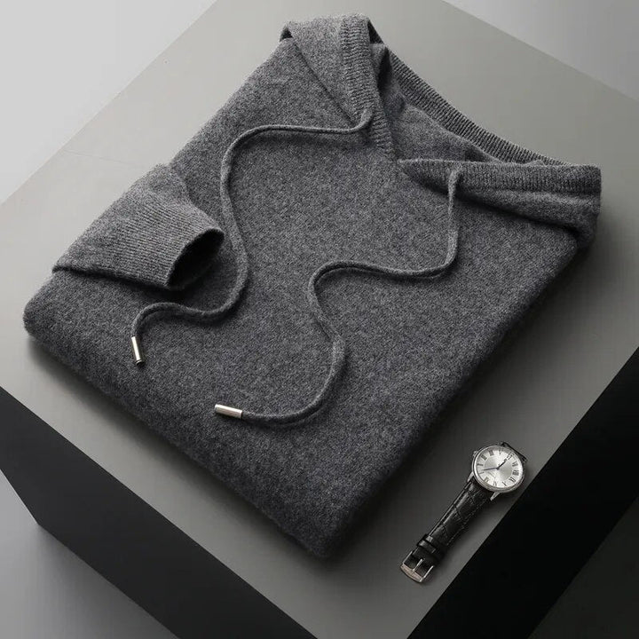 Men's relaxed fit knit hoodie sweater, a comfortable long sleeve pullover for stylish everyday wear.