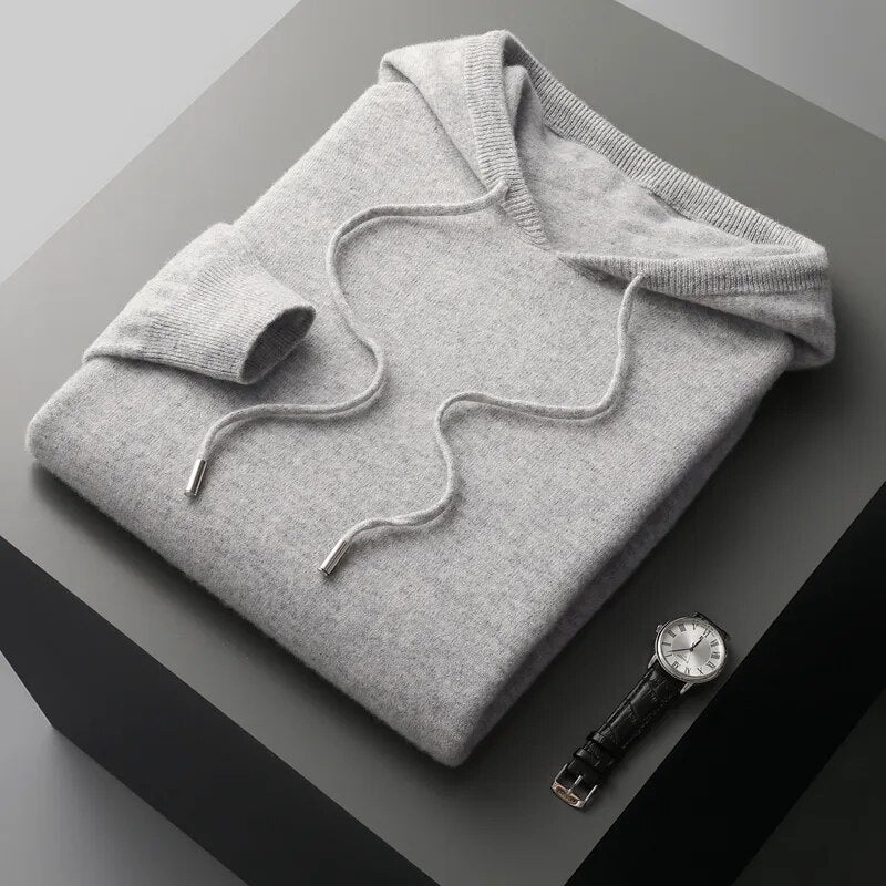 Versatile men's cozy knit hoodie sweater with drawstring, perfect for comfortable everyday layering.