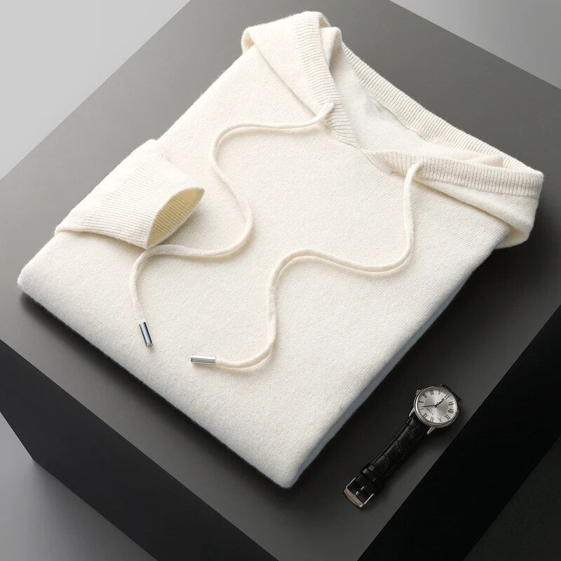 Men's long sleeve knit hoodie sweater, cozy and stylish, with drawstring for comfortable everyday wear.
