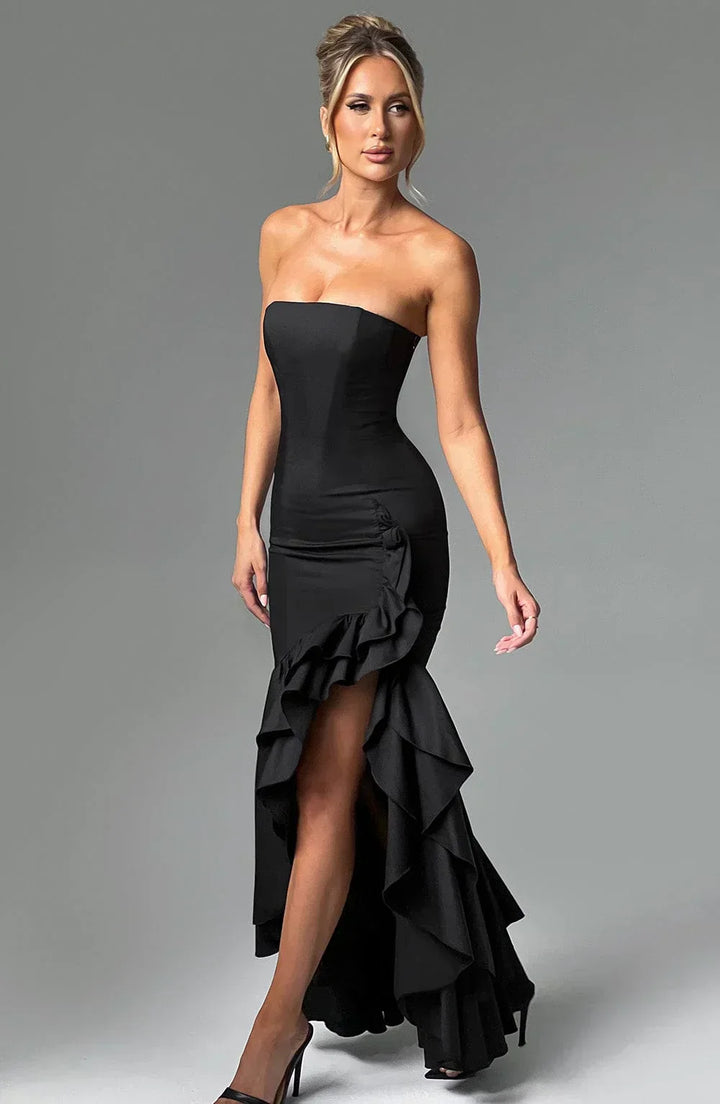 Women's elegant sleeveless ruffle maxi dress with a front slit, ideal for evening events & parties.
