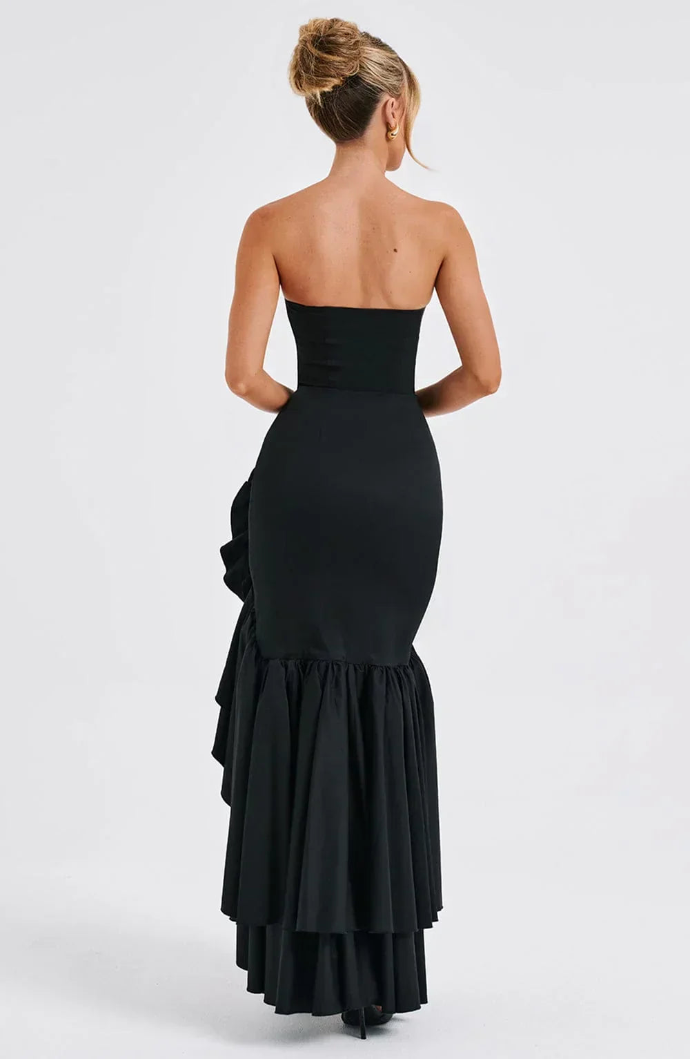 Graceful women's special occasion sleeveless ruffle maxi dress with an elegant side slit.