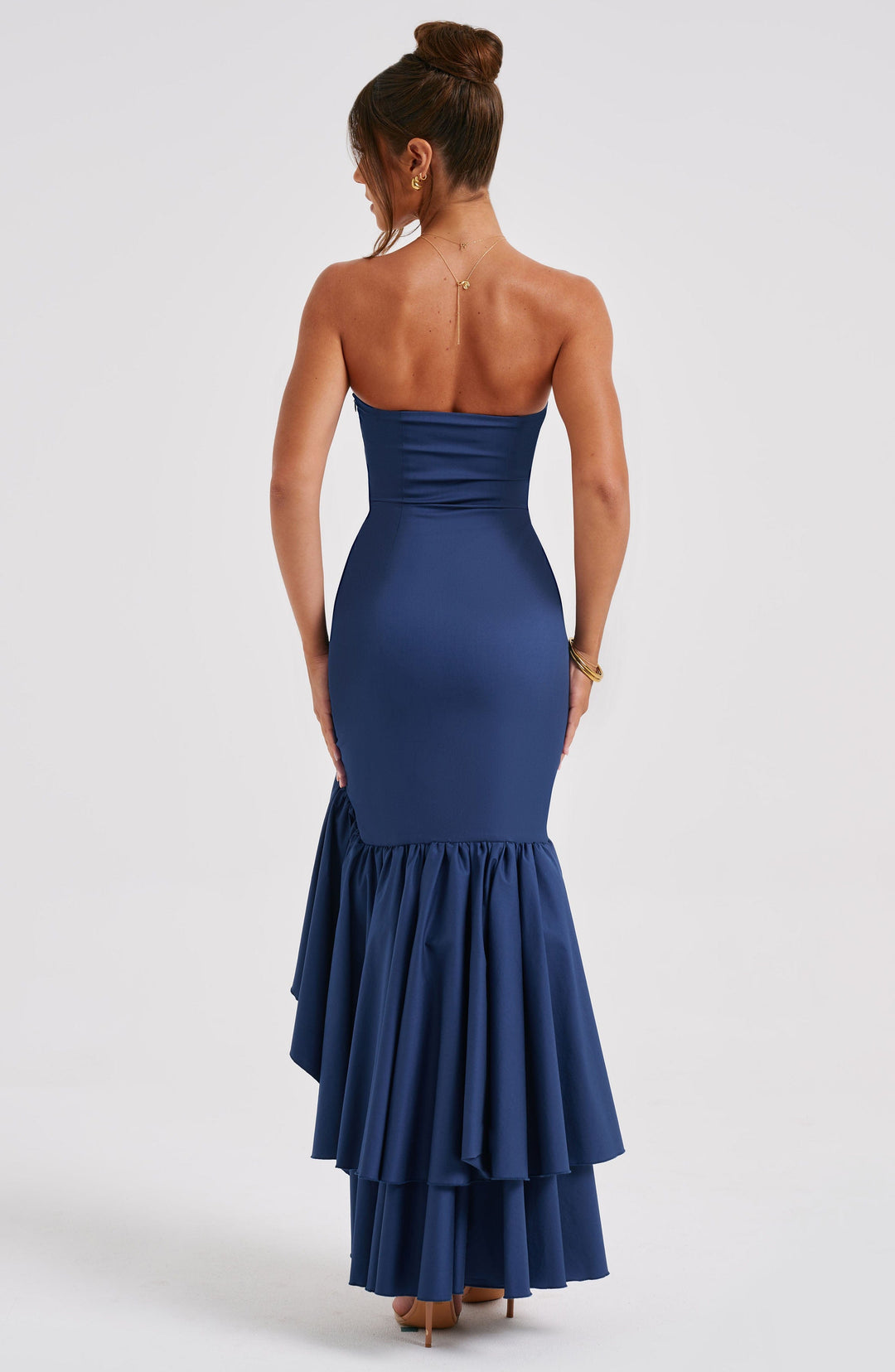 Chic women's ruffled long sleeve maxi dress, an elegant formal or party dress for a sophisticated look.