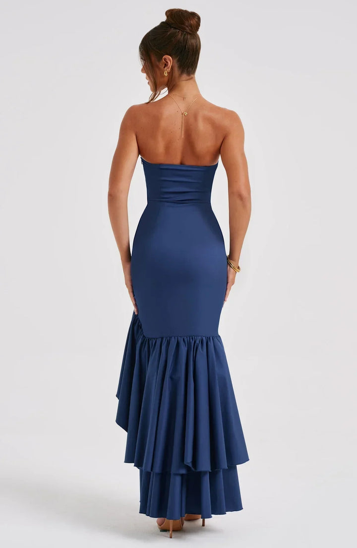 Chic women's special occasion dress: sleeveless, ruffle maxi with a tasteful slit.