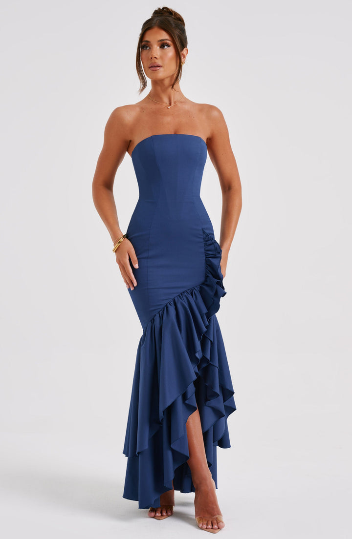 Women's long sleeve maxi dress with stylish ruffles, ideal for parties, formal events, or an elegant occasion dress.