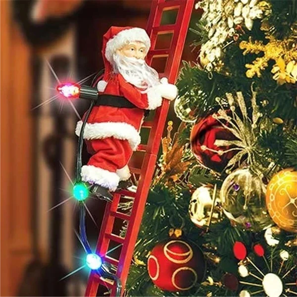 Animated Santa Claus climbing up a festive Christmas tree, bringing holiday cheer to home decor.