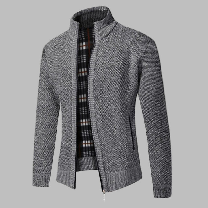 Stylish men's zipper sweater, modern knit design for versatile casual or semi-formal wear, long sleeve comfort.
