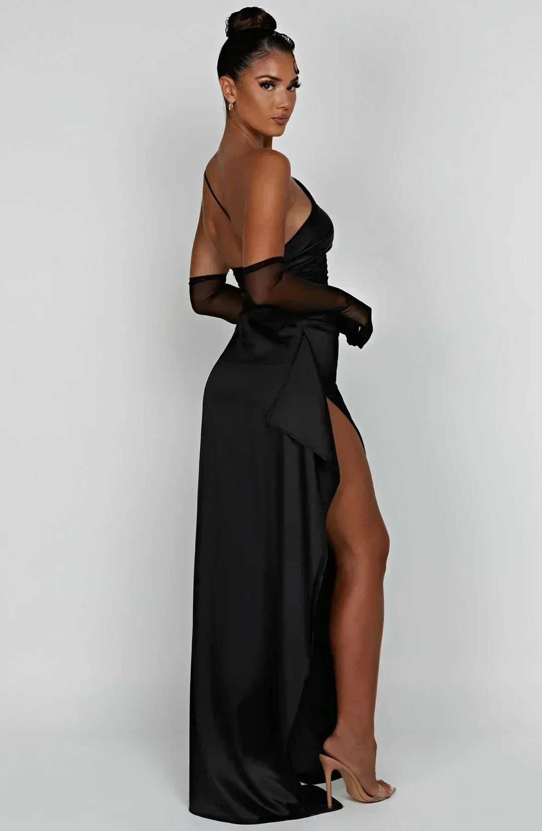 Sophisticated one-shoulder party dress, high slit, an elegant maxi length.