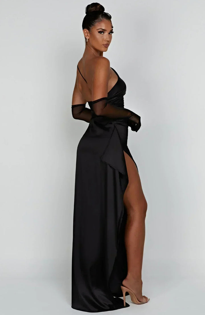 Sophisticated one-shoulder party dress, high slit, an elegant maxi length.
