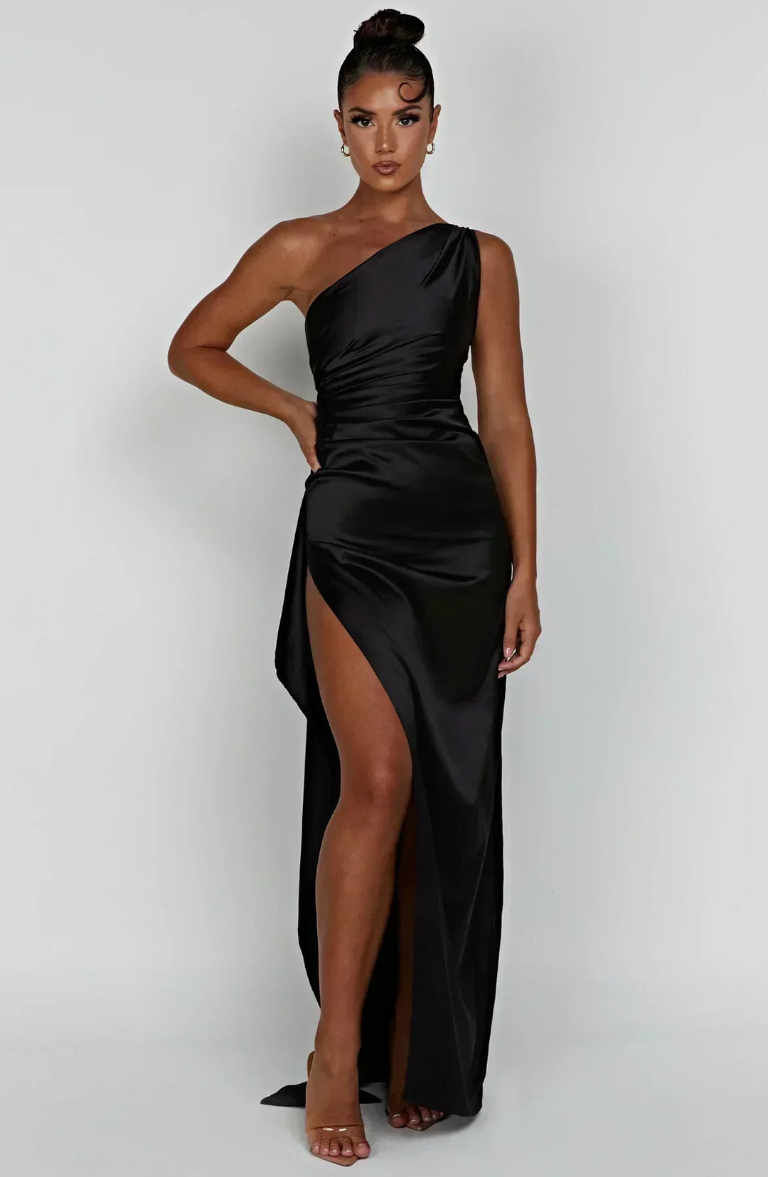 Elegant women's one-shoulder maxi dress, high slit, perfect for any formal event.