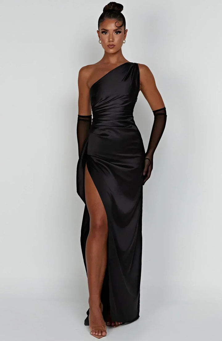 Elegant one-shoulder formal dress, high slit, a stunning long dress for women.
