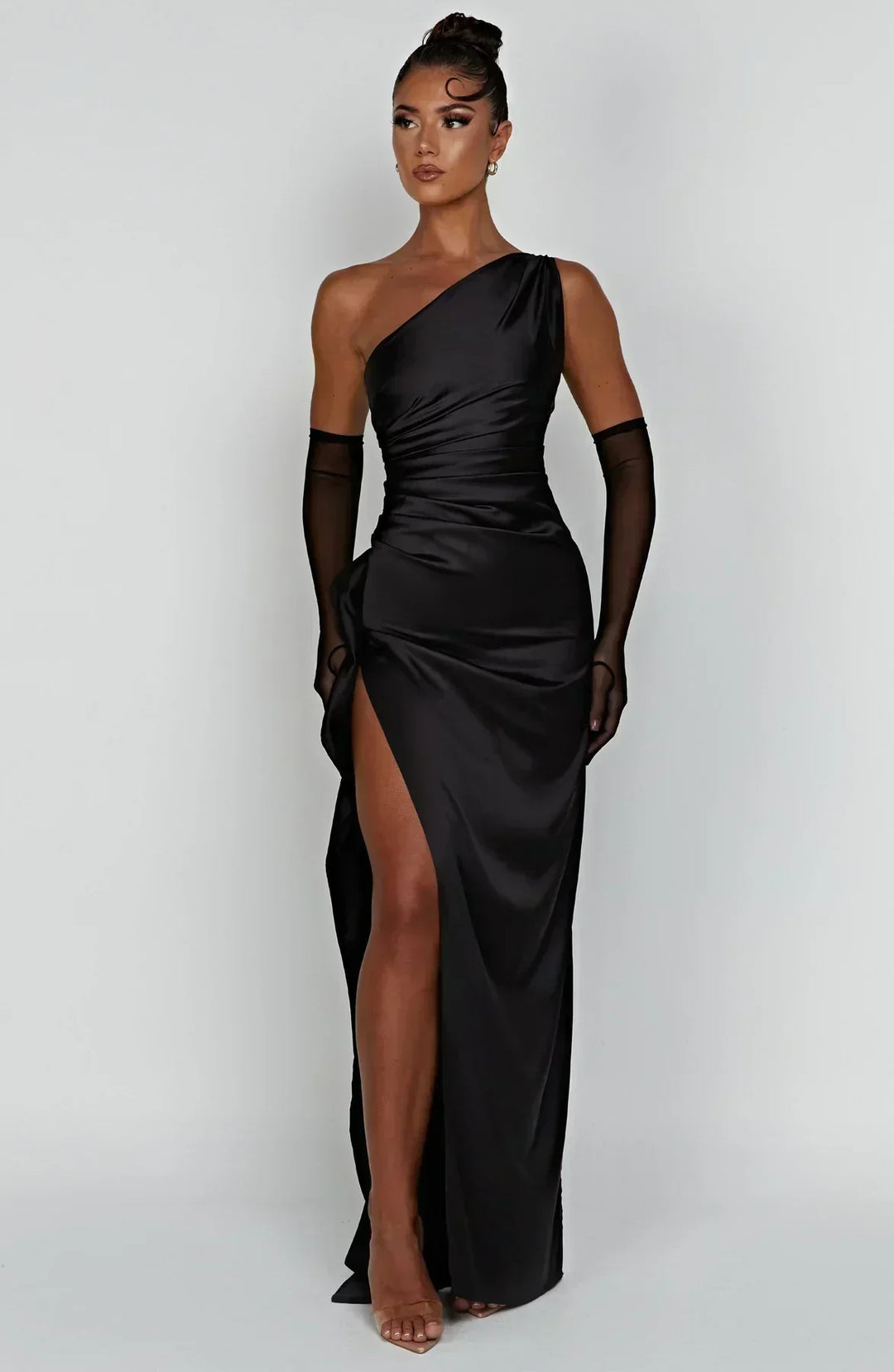 Women's one-shoulder evening gown, high slit, elegant and long for formal occasions.