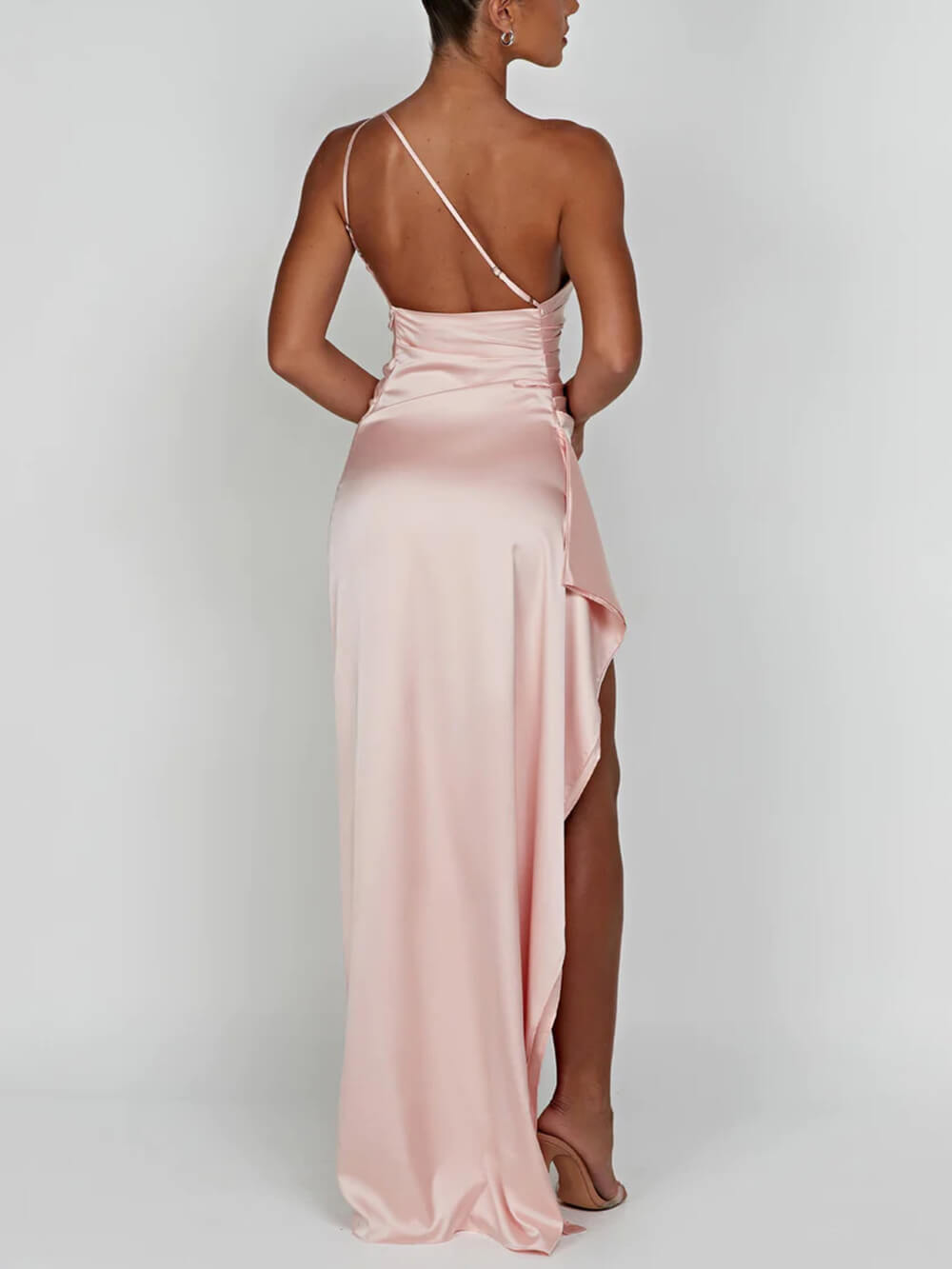 Elegant women's one-shoulder cocktail dress, maxi length design with a flattering high leg slit.