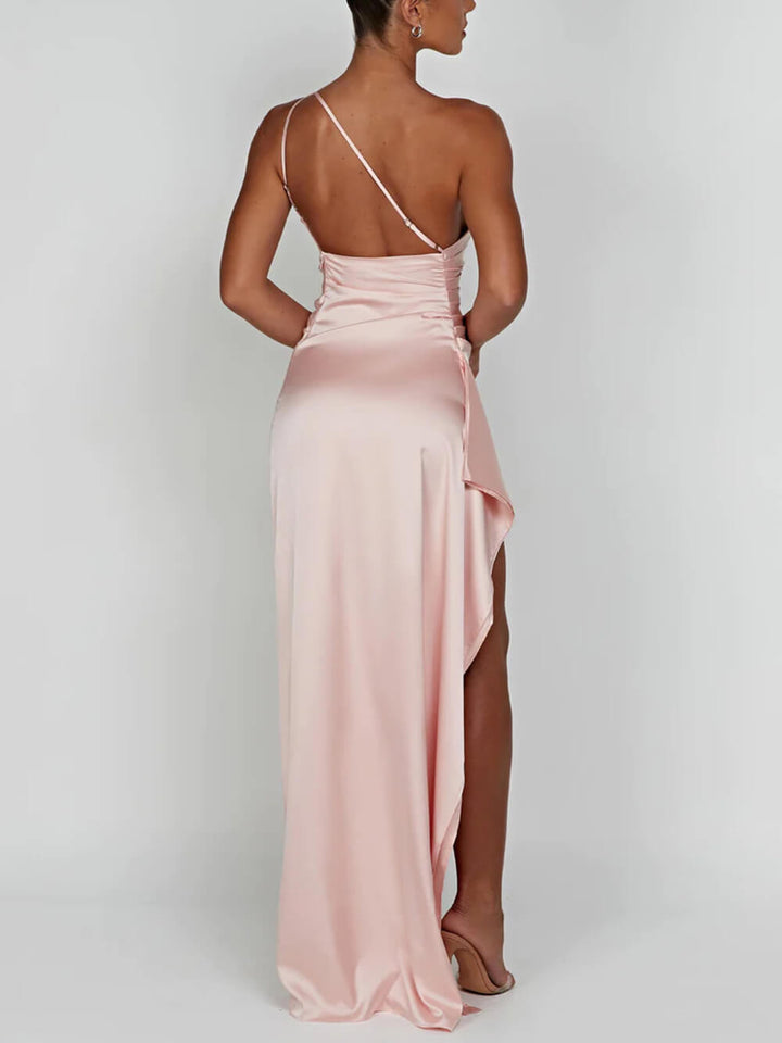 Elegant women's one-shoulder cocktail dress, maxi length design with a flattering high leg slit.