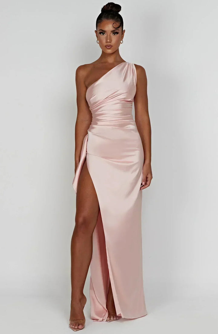 Ruched one-shoulder long dress, high slit, ideal as a party or formal gown.