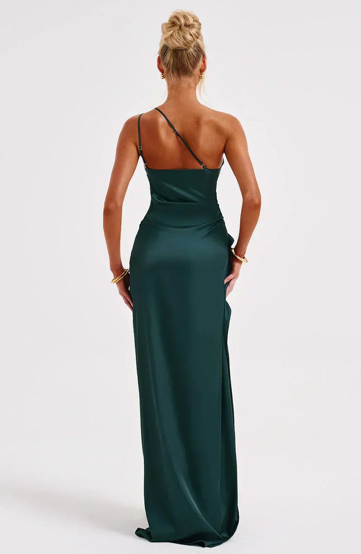 Sophisticated one-shoulder formal dress, high slit, a chic women's maxi gown.