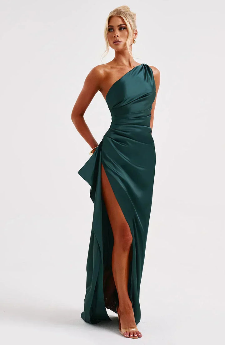 Women's one-shoulder evening gown with high slit, glamorous for any special event.