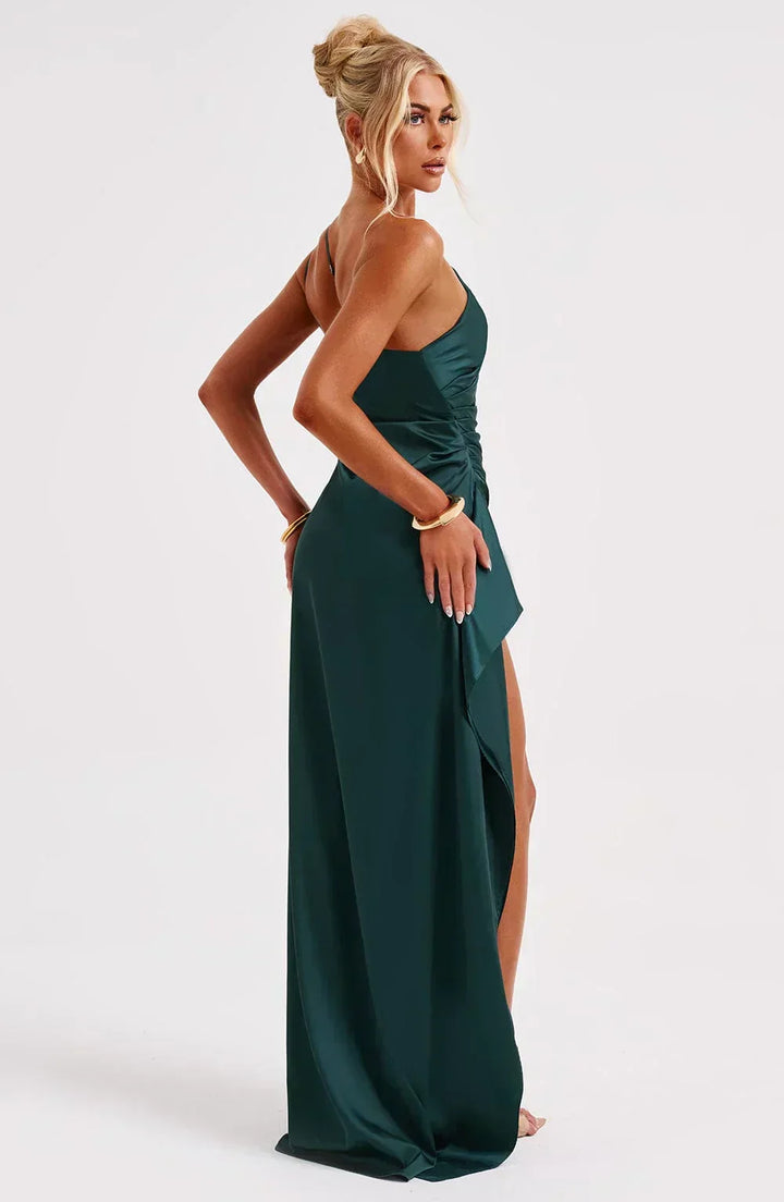 Elegant one-shoulder formal dress, high slit, a stunning women's glamorous maxi.