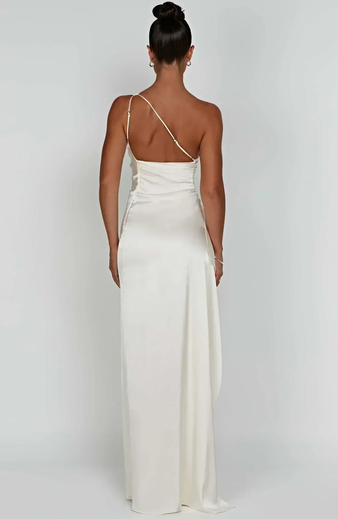 Stunning one-shoulder evening dress, high slit, perfect for special glamorous events.