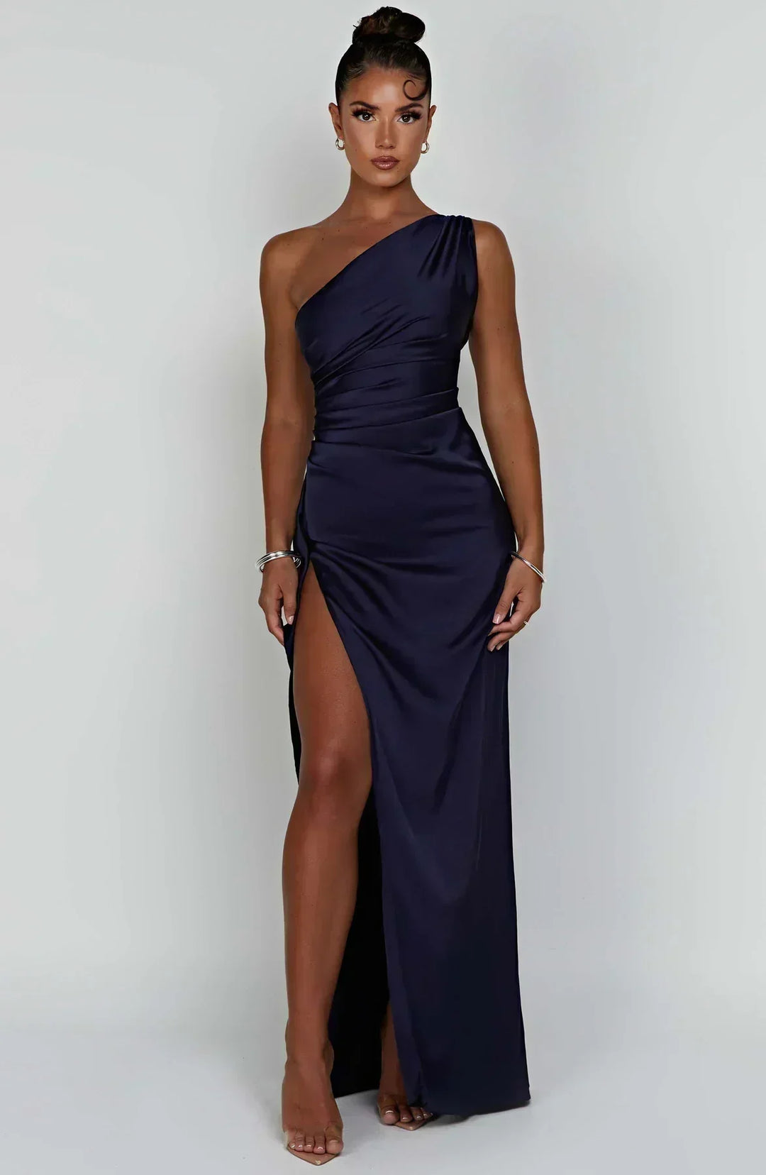 Sophisticated one-shoulder formal gown, high slit, a beautiful maxi dress.