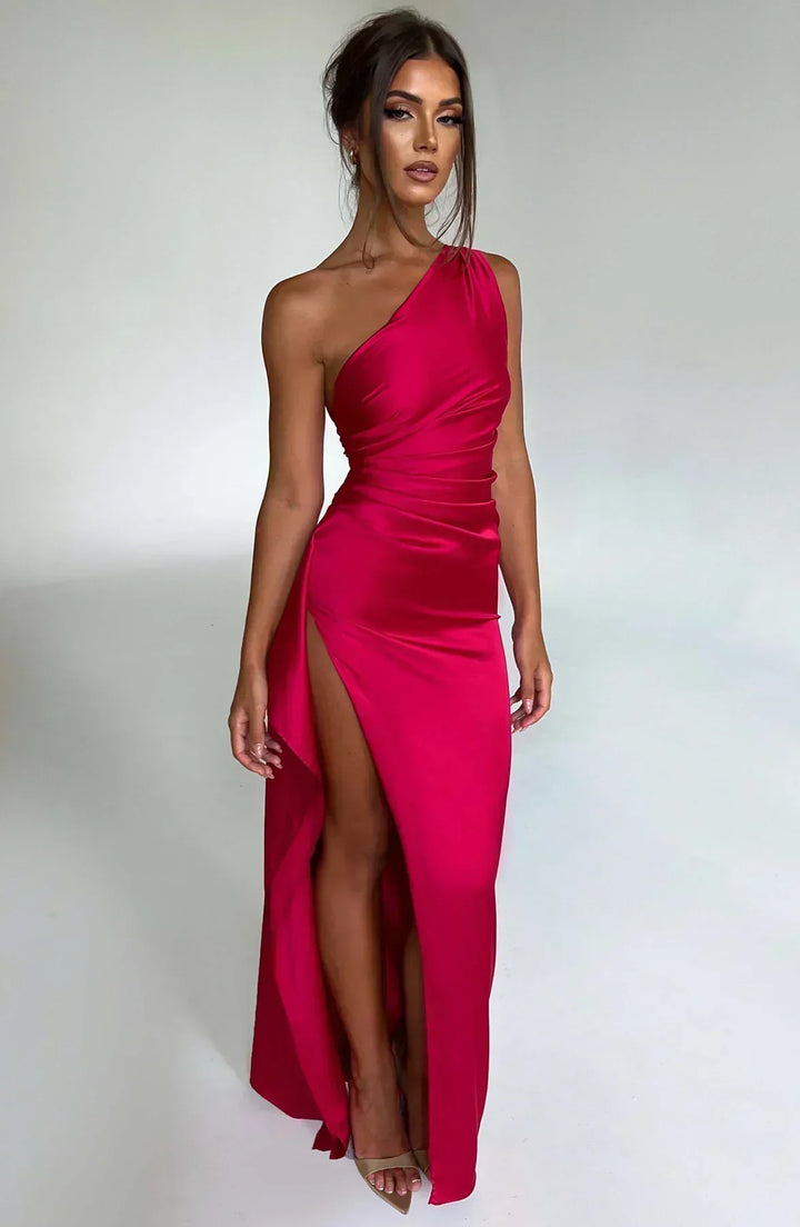 Glamorous one-shoulder evening gown, high slit for a stunning party look.