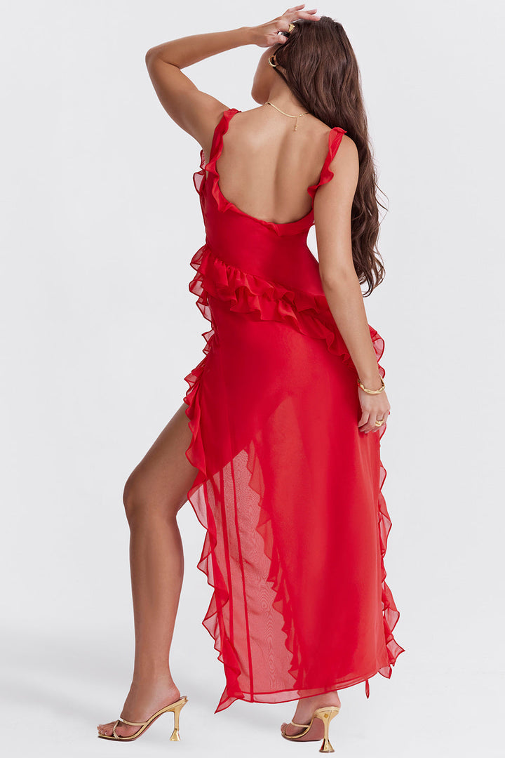 Sophisticated women's evening midi dress with a stylish slit, designed for elegance and comfort at special events.