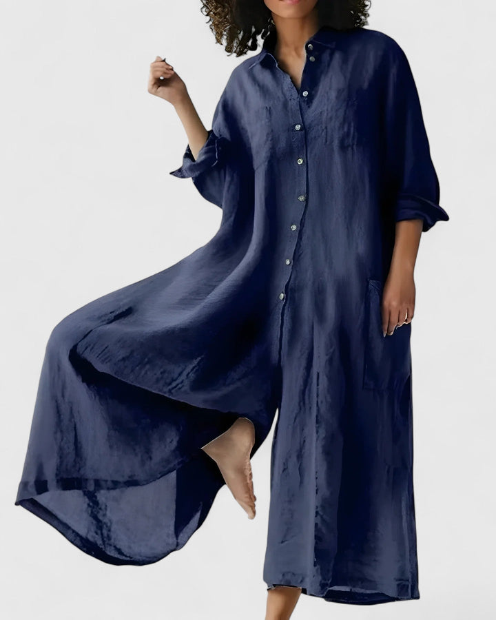 Elegant women's wide-leg jumpsuit dress, perfect for summer casual or dressy occasions. Versatile one-piece comfort wear.