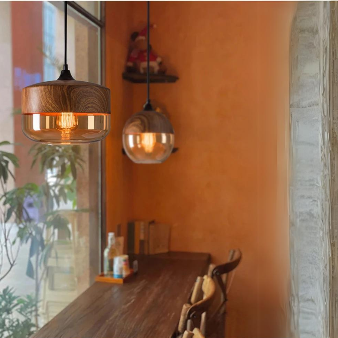 Arven wooden pendant light, minimalist Nordic design, features a beautiful glass shade.