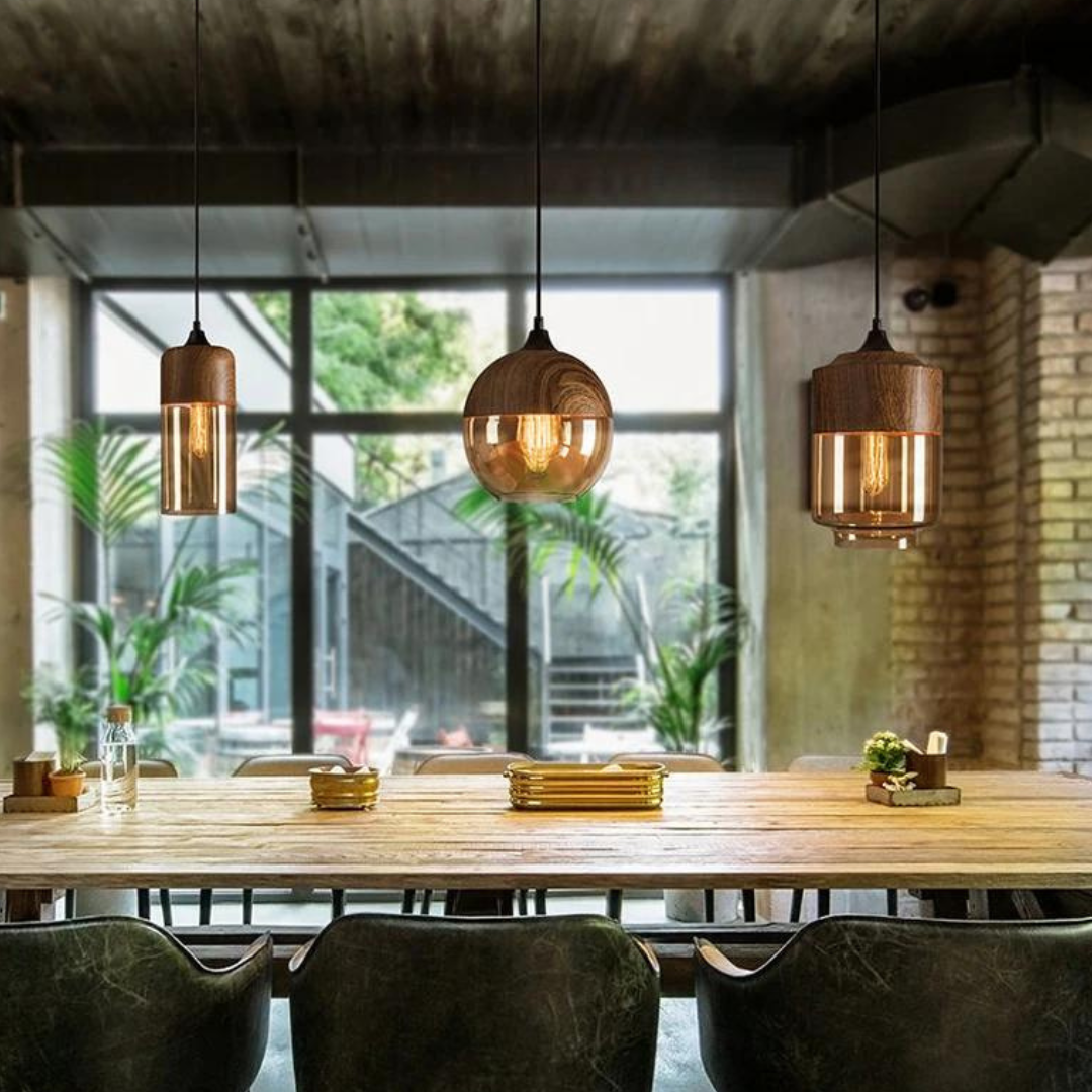 Scandinavian wooden pendant with warm glow, a modern minimalist ceiling fixture.