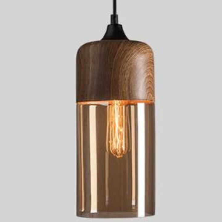 Wooden pendant light, minimalist design, clear glass shade, a true Nordic home decor piece.