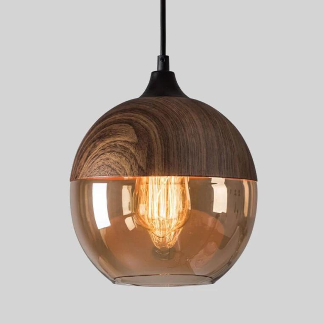 Scandinavian wooden ceiling fixture, Arven pendant light with warm glow and elegant glass.