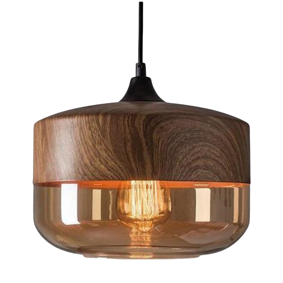 Modern Nordic wooden pendant light with clear glass shade, elegant ceiling fixture.